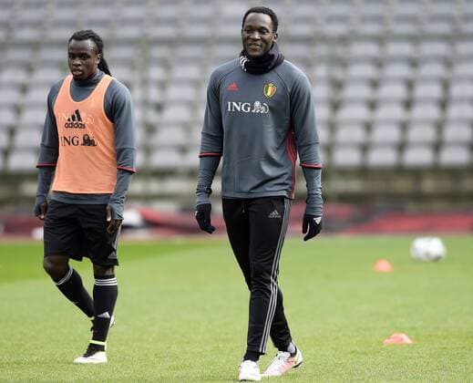 Belgium s Jordan Lukaku and Belgium s Romelu Lukaku pictured during a training session of the Belgian national soccer team Red Devils, Sunday 27 March 2016 in Brussels. The Red Devils will play a friendly game in and against Portugal on 29 March, the match was moved due to safety concerns after the Brussels terrorists attacks. The game is a preparation for the upcoming Euro2016. NICOxVEREECKEN  x04821814x
