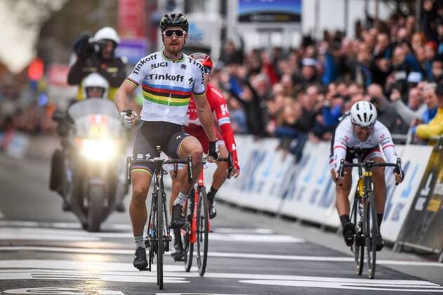 Slovakian Peter Sagan of Tinkoff celebrates as he crosses the finish line to win the 78th edition of the Gent-Wevelgem one day cycling race, 242,8 km from Deinze to Wevelgem, Sunday 27 March 2016. LUCxCLAESSEN  x04821969x