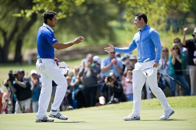 March 27, 2016: Jason Day and Rory Mcllroy at the 18th hole World Golf Championships-Dell Match Play Round 6 at the Austin Country Club. Austin, Texas. PGA Golf Herren 2016: World Golf Championships MAR 27 - ZUMAc04_