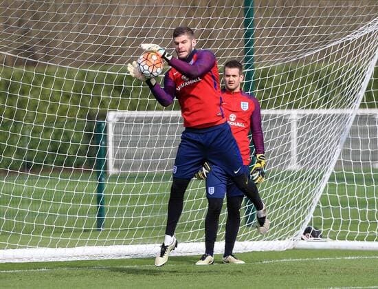 England s Fraser Forster and Tom Heaton in action during training at the Tottenham Hotspur Training Centre. Photo credit should read: David Klein Sportimage EDITORIAL USE ONLY. No use with unauthorised audio, video, data, fixture lists, club league logos or live services. Online in-match use limited to 120 images, no video emulation. No use in betting, games or single club league player publications.
