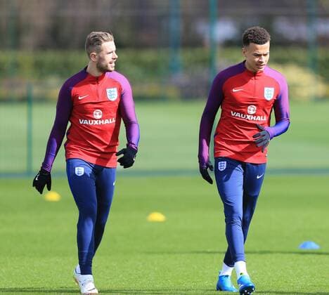 England s Jordan Henderson and Dele Alli during training at the Tottenham Hotspur Training Centre. Photo credit should read: David Klein Sportimage EDITORIAL USE ONLY. No use with unauthorised audio, video, data, fixture lists, club league logos or live services. Online in-match use limited to 120 images, no video emulation. No use in betting, games or single club league player publications.