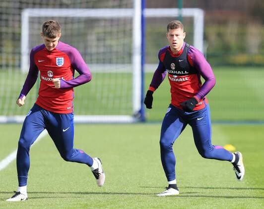 England s John Stones and Ross Barkley during training at the Tottenham Hotspur Training Centre. Photo credit should read: David Klein Sportimage EDITORIAL USE ONLY. No use with unauthorised audio, video, data, fixture lists, club league logos or live services. Online in-match use limited to 120 images, no video emulation. No use in betting, games or single club league player publications.