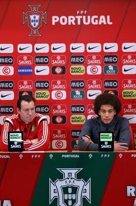 Belgium s head coach Marc Wilmots and Belgium s Axel Witsel pictured during a press conference PK Pressekonferenz of the Belgian national soccer team Red Devils in Leiria, Portugal, Monday 28 March 2016. The Red Devils will play a friendly game in and against Portugal on 29 March, the match was moved due to safety concerns after the Brussels terrorists attacks. The game is a preparation for the upcoming Euro2016. VIRGINIExLEFOUR  x04822438x
