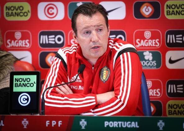 Belgium s head coach Marc Wilmots pictured at a press conference PK Pressekonferenz of the Belgian national soccer team Red Devils in Leiria, Portugal, Monday 28 March 2016. The Red Devils will play a friendly game in and against Portugal on 29 March, the match was moved due to safety concerns after the Brussels terrorists attacks. The game is a preparation for the upcoming Euro2016. VIRGINIExLEFOUR  x04822452x