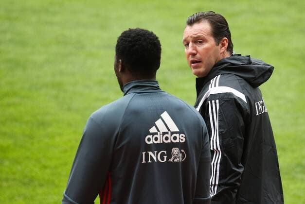 Belgium s Romelu Lukaku and Belgium s head coach Marc Wilmots pictured during a training session of the Belgian national soccer team Red Devils in Leiria, Portugal, Monday 28 March 2016. The Red Devils will play a friendly game in and against Portugal on 29 March, the match was moved due to safety concerns after the Brussels terrorists attacks. The game is a preparation for the upcoming Euro2016. VIRGINIExLEFOUR  x04822482x