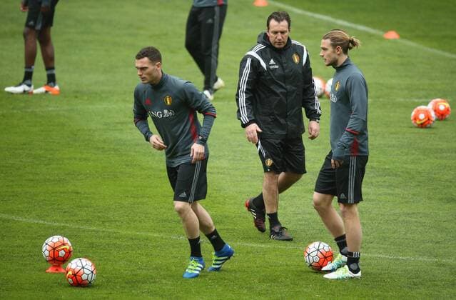 Belgium s Thomas Vermaelen, Belgium s head coach Marc Wilmots and Belgium s Guillaume Gillet pictured during a training session of the Belgian national soccer team Red Devils in Leiria, Portugal, Monday 28 March 2016. The Red Devils will play a friendly game in and against Portugal on 29 March, the match was moved due to safety concerns after the Brussels terrorists attacks. The game is a preparation for the upcoming Euro2016. VIRGINIExLEFOUR  x04822529x