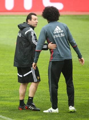 Belgium s head coach Marc Wilmots and Belgium s Marouane Fellaini pictured during a training session of the Belgian national soccer team Red Devils in Leiria, Portugal, Monday 28 March 2016. The Red Devils will play a friendly game in and against Portugal on 29 March, the match was moved due to safety concerns after the Brussels terrorists attacks. The game is a preparation for the upcoming Euro2016. VIRGINIExLEFOUR  x04822557x