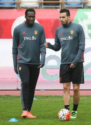 Belgium s Romelu Lukaku and Belgium s Nacer Chadli pictured during a training session of the Belgian national soccer team Red Devils in Leiria, Portugal, Monday 28 March 2016. The Red Devils will play a friendly game in and against Portugal on 29 March, the match was moved due to safety concerns after the Brussels terrorists attacks. The game is a preparation for the upcoming Euro2016. VIRGINIExLEFOUR  x04822560x