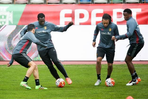 Belgium s Nacer Chadli, Belgium s Romelu Lukaku, Belgium s Jason Denayer and Belgium s Dedryck Boyata pictured during a training session of the Belgian national soccer team Red Devils in Leiria, Portugal, Monday 28 March 2016. The Red Devils will play a friendly game in and against Portugal on 29 March, the match was moved due to safety concerns after the Brussels terrorists attacks. The game is a preparation for the upcoming Euro2016. VIRGINIExLEFOUR  x04822562x