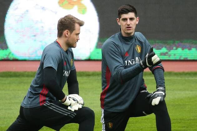 Belgium s goalkeeper Simon Mignolet and Belgium s goalkeeper Thibaut Courtois pictured during a training session of the Belgian national soccer team Red Devils in Leiria, Portugal, Monday 28 March 2016. The Red Devils will play a friendly game in and against Portugal on 29 March, the match was moved due to safety concerns after the Brussels terrorists attacks. The game is a preparation for the upcoming Euro2016. VIRGINIExLEFOUR  x04822568x