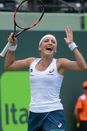 March 28, 2016 - Miami, Florida, United States - TIMEA BACSINSZKY of Switzerland celebrates winning her match vs. A. Radwanska at the Miami Open Tennis 2016 - Miami Open - Day 8 - ZUMAl132