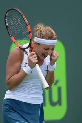 March 28, 2016 - Miami, Florida, United States - TIMEA BACSINSZKY of Switzerland celebrates winning her match vs. A. Radwanska at the Miami Open Tennis 2016 - Miami Open - Day 8 - ZUMAl132