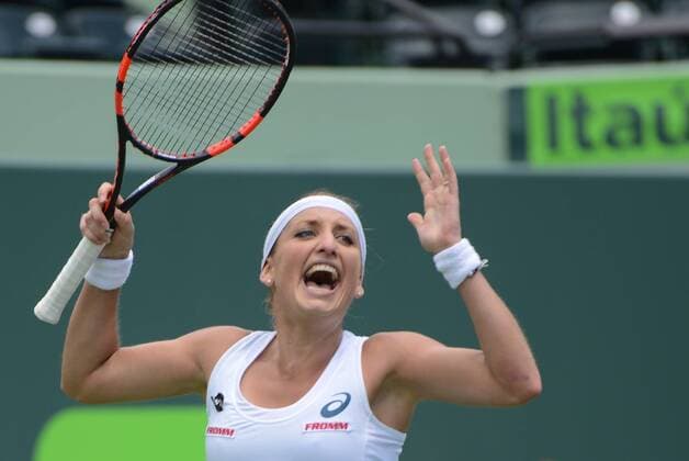 March 28, 2016 - Miami, Florida, United States - TIMEA BACSINSZKY of Switzerland celebrates winning her match vs. A. Radwanska at the Miami Open Tennis 2016 - Miami Open - Day 8 - ZUMAl132