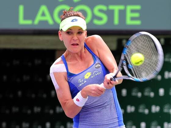 March 28, 2016 - Key Biscayne, FL, USA - Agnieszka Radwanska of Poland returns a shot against Timea Bacsinszky of Switzerland during a women s fourth-round match at the Miami Open on Monday, March 28, 2016, in Key Biscayne, Fla. Miami Open - ZUMAm67_
