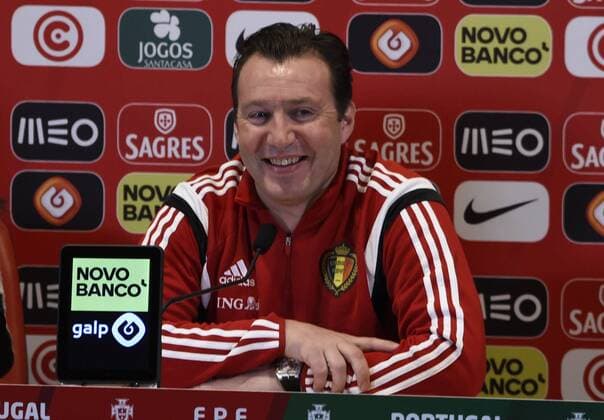 Marc Wilmots head coach of Red Devils and Axel Wiesel pictured during the press conference PK Pressekonferenz FOOTBALL : Belgique - Entrainement et conference de presse - Leiria - 28 03 2016 Photonews Panoramic 
