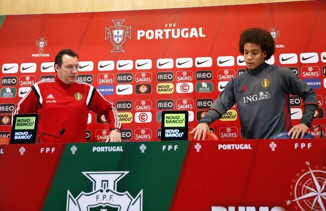 Axel Witsel of Belgium and Marc Wilmots, headcoach of Belgium during the press conference PK Pressekonferenz FOOTBALL : Belgique - Entrainement et conference de presse - Leiria - 28 03 2016 Photonews Panoramic 