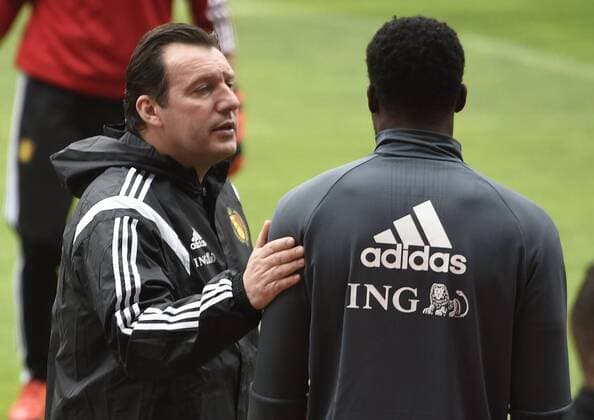 Fußball, Training Nationalteam Belgien in Leiria Wilmots Marc head coach of Belgian Team and Lukaku Romelu forward of Belgium pictured during the practice session t FOOTBALL : Belgique - Entrainement et conference de presse - Leiria - 28 03 2016 Photonews Panoramic 