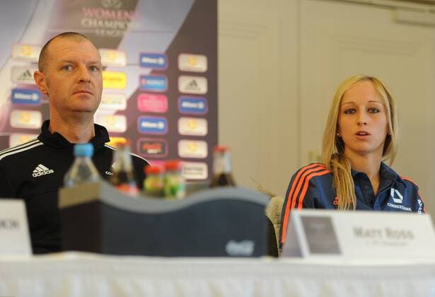 29.03.2016, xmhx, Fussball UEFA WomenÕs Champions League, 1.FFC Frankfurt - FC Rosengard, emspor, v.l. Matt Ross (Trainer 1. FFC Frankfurt), Kathrin Hendrich (1. FFC Frankfurt)