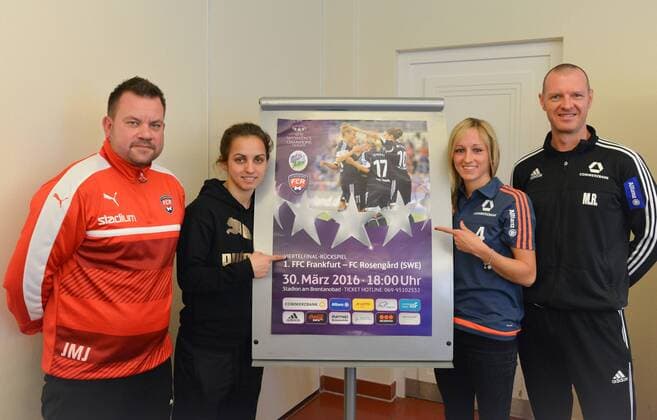 29.03.2016, xmhx, Fussball UEFA WomenÕs Champions League, 1.FFC Frankfurt - FC Rosengard, emspor, v.l.Jack Majgaard Jensen (Trainer FC Rosengard), Natasa Andonova (FC Rosengard), Kathrin Hendrich (1. FFC Frankfurt), Matt Ross (Trainer 1. FFC Frankfurt)