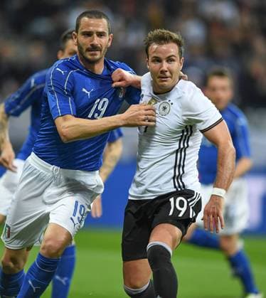 Bilder des Tages - SPORT FUSSBALL INTERNATIONAL TESTSPIEL IN DER ALLIANZ ARENA MUENCHEN Deutschland - Italien 29.03.2016 Leonardo Bonucci (li, Italien) und Mario Goetze (re, Deutschland) beim Zerrduell 