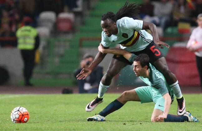 Belgium s Jordan Lukaku and Portugal s Bernardo Silva fight for the ball during a soccer game between the Portugal national team Nationalteam and the Belgian Red Devils in Leiria, Portugal, Tuesday 29 March 2016, a preparation for the upcoming Euro2016 tournament. The match was moved due to safety concerns after the Brussels terrorists attacks. VIRGINIExLEFOUR  x04823101x