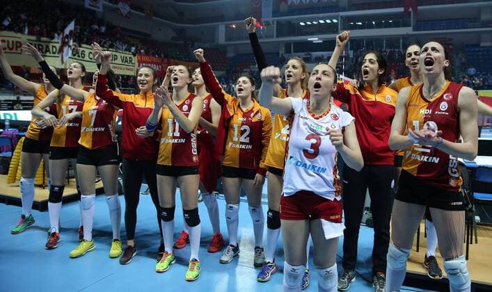 2016 CEV Volleyball Cup - Women - Final first leg match between Galatasaray Istanbul vs Dinamo Krasnadar in Istanbul on March 29 , 2016. Final Score: Galatasaray 3 - Dinamo Krasnadar 2 Sets : (25 -14) (22-25) (25-16) (21-25) (15-13)players celebrates after the match.and of Dinamo Krasnadar. 