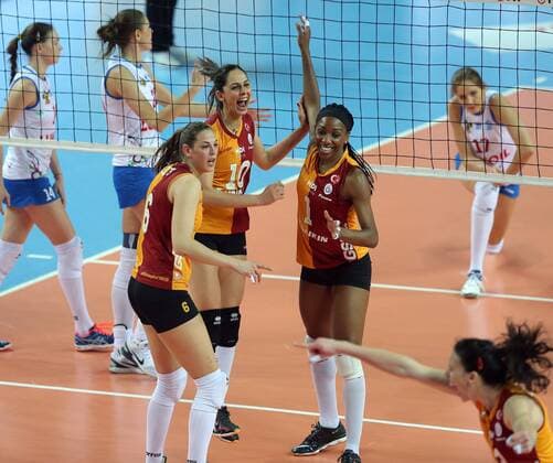 2016 CEV Volleyball Cup - Women - Final first leg match between Galatasaray Istanbul vs Dinamo Krasnadar in Istanbul on March 29 , 2016. Final Score: Galatasaray 3 - Dinamo Krasnadar 2 Sets : (25 -14) (22-25) (25-16) (21-25) (15-13) Pictured: Guldeniz Onal 10, Cursty Jackson 1 , Charlotte Leys 6 of Galatasaray . 