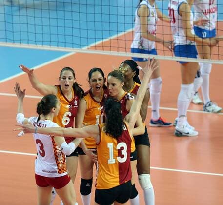 2016 CEV Volleyball Cup - Women - Final first leg match between Galatasaray Istanbul vs Dinamo Krasnadar in Istanbul on March 29 , 2016. Final Score: Galatasaray 3 - Dinamo Krasnadar 2 Sets : (25 -14) (22-25) (25-16) (21-25) (15-13) Pictured: Galatasaray players celebrates after yha score. ( Gamza Alikaya 11 , Guldeniz Onal 10 ) 