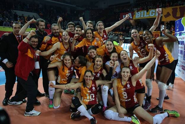 2016 CEV Volleyball Cup - Women - Final first leg match between Galatasaray Istanbul vs Dinamo Krasnadar in Istanbul on March 29 , 2016. Final Score: Galatasaray 3 - Dinamo Krasnadar 2 Sets : (25 -14) (22-25) (25-16) (21-25) (15-13)players celebrates after the match.and of Dinamo Krasnadar. 
