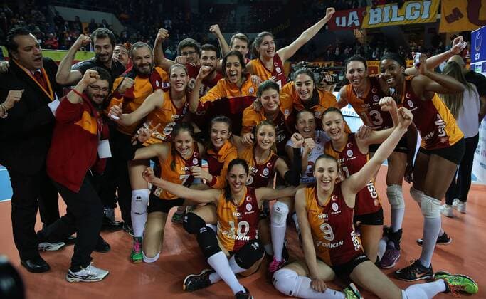 2016 CEV Volleyball Cup - Women - Final first leg match between Galatasaray Istanbul vs Dinamo Krasnadar in Istanbul on March 29 , 2016. Final Score: Galatasaray 3 - Dinamo Krasnadar 2 Sets : (25 -14) (22-25) (25-16) (21-25) (15-13)players celebrates after the match.and of Dinamo Krasnadar. 