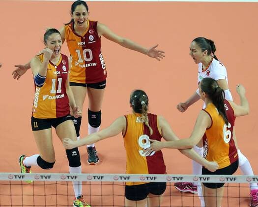 2016 CEV Volleyball Cup - Women - Final first leg match between Galatasaray Istanbul vs Dinamo Krasnadar in Istanbul on March 29 , 2016. Final Score: Galatasaray 3 - Dinamo Krasnadar 2 Sets : (25 -14) (22-25) (25-16) (21-25) (15-13) Pictured: Galatasaray players celebrates after yha score. ( Gamza Alikaya 11 , Guldeniz Onal 10 ) 