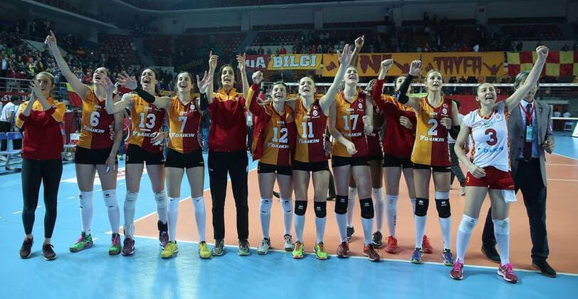 2016 CEV Volleyball Cup - Women - Final first leg match between Galatasaray Istanbul vs Dinamo Krasnadar in Istanbul on March 29 , 2016. Final Score: Galatasaray 3 - Dinamo Krasnadar 2 Sets : (25 -14) (22-25) (25-16) (21-25) (15-13)players celebrates after the match.and of Dinamo Krasnadar. 
