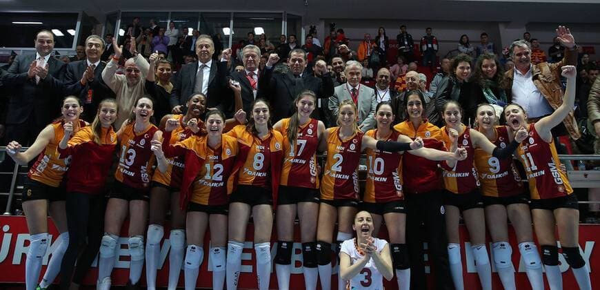 2016 CEV Volleyball Cup - Women - Final first leg match between Galatasaray Istanbul vs Dinamo Krasnadar in Istanbul on March 29 , 2016. Final Score: Galatasaray 3 - Dinamo Krasnadar 2 Sets : (25 -14) (22-25) (25-16) (21-25) (15-13)players celebrates after the match.and of Dinamo Krasnadar. 