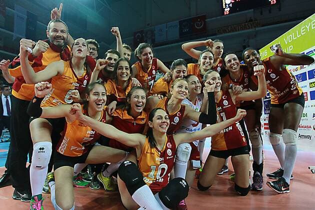 2016 CEV Volleyball Cup - Women - Final first leg match between Galatasaray Istanbul vs Dinamo Krasnadar in Istanbul on March 29 , 2016. Final Score: Galatasaray 3 - Dinamo Krasnadar 2 Sets : (25 -14) (22-25) (25-16) (21-25) (15-13)players celebrates after the match.and of Dinamo Krasnadar. 