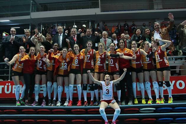 2016 CEV Volleyball Cup - Women - Final first leg match between Galatasaray Istanbul vs Dinamo Krasnadar in Istanbul on March 29 , 2016. Final Score: Galatasaray 3 - Dinamo Krasnadar 2 Sets : (25 -14) (22-25) (25-16) (21-25) (15-13)players celebrates after the match.and of Dinamo Krasnadar. 