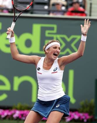 March 29, 2016 - Key Biscayne, FL, USA - Switzerland s Timea Bacsinszky celebrates a 4-6, 6-3, 6-2, win against Romania s Simona Halep during the quarterfinals of the Miami Open at Crandon Park Tennis Center in Key Biscayne, Fla., on Tuesday, March 29, 2016. Miami Open - ZUMAm67_