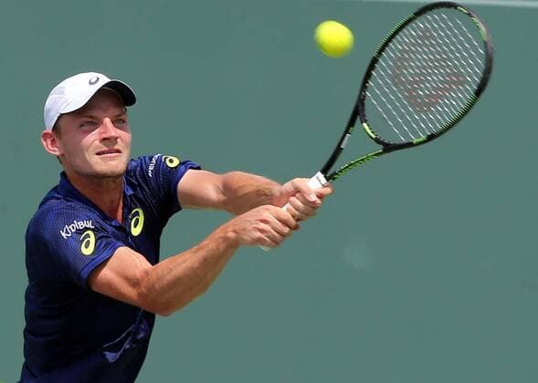 March 29, 2016 - Key Biscayne, FL, USA - Belgium s David Goffin returns a shot against Horacio Zeballos of Argentina during the fourth round of the Miami Open at Crandon Park Tennis Center in Key Biscayne, Fla., on Tuesday, March 29, 2016. Goffin advanced, 7-5, 6-3. Miami Open - ZUMAm67_