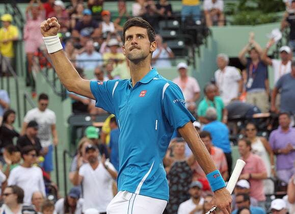 March 29, 2016 - Key Biscayne, FL, USA - Serbia s Novack Jokovic reacts after defeating Austria s Dominic Thiem, 6-3, 6-4, during the fourth round of the Miami Open at Crandon Park Tennis Center in Key Biscayne, Fla., on Tuesday, March 29, 2016. Miami Open - ZUMAm67_