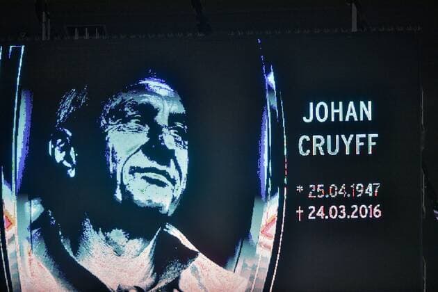 Schweigeminute Gedenken an Johan Cruyff (NED) zu dessen Tod am 24.03.2016 Anzeigetafel Portrait DFB Länderspiel Nationalteam Deutschland gegen Italien Freundschaftsspiel Fußball Herren GER vs ITA Allianz Arena München 29.03.2016 DFB Länderspiel Nationalteam Deutschland gegen Italien