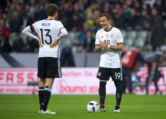 Fussball DFB München Muenchen 29.03.2016 Allianz Arena Laenderspiel Test EURO 2016 Deutschland geg Italien 4 : 1 Thomas MUELLER (MUELLER) 13 GER Mario GOETZE (GÖTZE) 19 GER