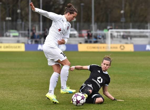 30.03.2016, xblx, Fussball UEFA WomenÕs Champions League, 1.FFC Frankfurt - FC Rosengard, emspor, v.l. Lina Nilsson (FC Rosengard), Simone Laudehr (1.FFC Frankfurt)