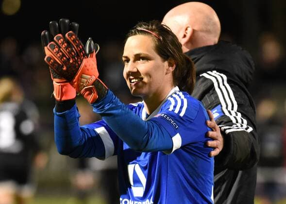 30.03.2016, xblx, Fussball UEFA WomenÕs Champions League, 1.FFC Frankfurt - FC Rosengard, emspor, v.l. Anne-Kathrine Kremer (1.FFC Frankfurt) feiert den Sieg