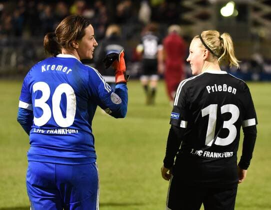 30.03.2016, xblx, Fussball UEFA WomenÕs Champions League, 1.FFC Frankfurt - FC Rosengard, emspor, v.l. Anne-Kathrine Kremer (1.FFC Frankfurt), Marith Priessen (1.FFC Frankfurt), feiern den Sieg