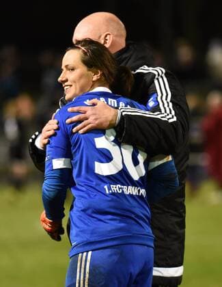 30.03.2016, xblx, Fussball UEFA WomenÕs Champions League, 1.FFC Frankfurt - FC Rosengard, emspor, v.l. Anne-Kathrine Kremer (1.FFC Frankfurt), feiert den Sieg