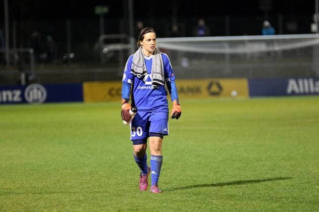 30.03.2016 Frankfurt, Relaxa Hotel Champions League-Spiel FFC Frankfurt gegen FC Rosengard (SWE) Elfmeterschiessen wird zur Heldin Torwart Anne-Kathrine Kremer (FFC Frankfurt)