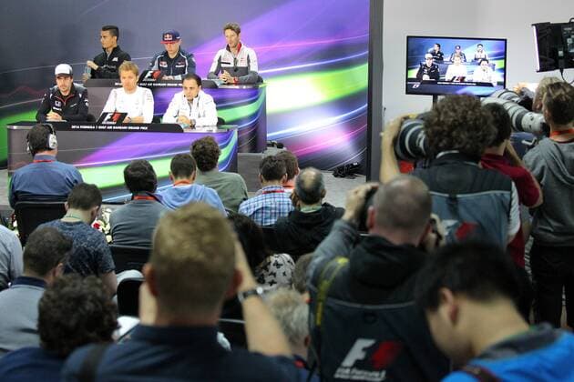 Bahrain Grand Prix, Sakhir 31 March - 03 April 2016 31.03.2016 - press conference PK Pressekonferenz (UP) Pascal Wehrlein (GER) Manor Racing MRT05, Max Verstappen (NED) Scuderia Toro Rosso STR11, Romain Grosjean (FRA) Haas F1 Team VF-16, Fernando Alonso (ESP) McLaren Honda MP4-31, Nico Rosberg (GER) Mercedes AMG F1 W07 Hybrid and Felipe Massa (BRA) Williams FW38 