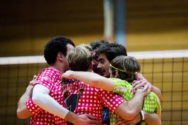 Herrsching Hergang beim Jubel - Daniel Malescha (11 Herrsching) rechts; Volleyball Bundesliga Herren Play-Off Viertelfinale, Nikolaushalle, Herrsching Germany, 20160331; Partie TSV Herrsching vs VfB Friedrichshafen; Copyright: Wuechner Eibner-Pressefoto EP_NWR