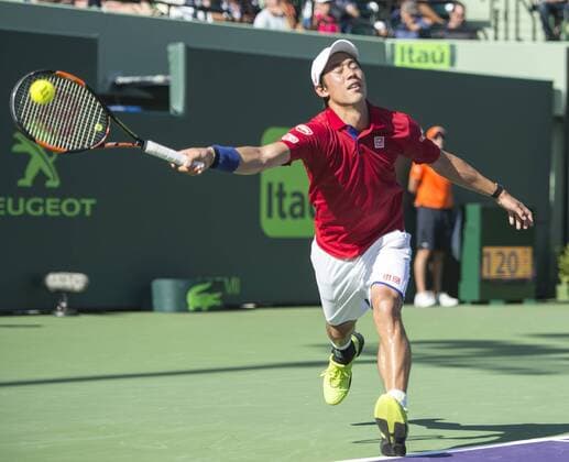 March 31 2016: Kei Nishikori (JPN) defeats Gael Monfils (FRA) by 4-6, 6-3, 7-6, at the Miami Open being played at Crandon Park Tennis Center in Miami, Key Biscayne, Florida. Ã‚Â© Tennis 2016: Miami Open MAR 31 - ZUMAc04_