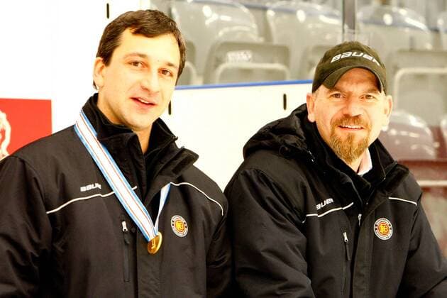 DK, IIHF WW DivIa, medal ceremony 31.03.2016, Gigantium, Aalborg, DK, IIHF WW DivIa, medal ceremony: das deutsche Erfolgstrainerduo Benjamin Hinterstocker (Germany, Coach) und Tommy Kettner (Germany, Ass. Coach) nphxGMACH