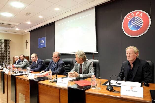 Centenary Hall, Centenary Stadium, Ta Qali, Malta 01 04 2016 The panel of speakers during the Malta Football Association press conference PK Pressekonferenz in relation to the forthcoming football International Friendly Länderspiel match between Italy and Scotland to be played at the National Stadium in Malta on May 29th, 2016. Italy v Scotland International Football Friendly Match on 29 05 2016 in Malta ITA_SCO_05_2016